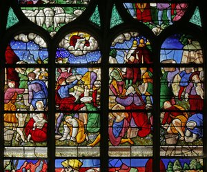 Window depicting the Israelites collecting manna in the desert by French School